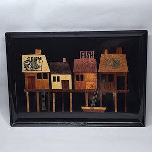 VTG Couroc of Monterey, Calif Black Inlaid Fish Wharf Tackle Dock Serving Tray
